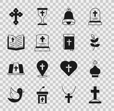 Haçlı mezar, Hristiyan kilise kulesi, söğüt yaprağı, kilise çanı, mezar taşı, kutsal İncil kitabı ve ikon. Vektör