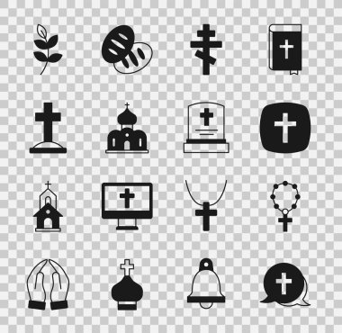 Hıristiyan haçı, tespih boncukları din, kilise binası, mezar taşı, söğüt yaprağı ve mezar taşı ikonu. Vektör