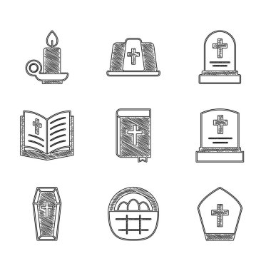 Set Holy bible book, Basket with easter eggs, Pope hat, Grave tombstone, Coffin, and Burning candle candlestick icon. Vector
