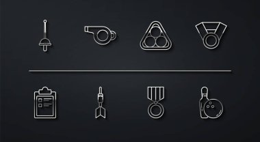 Çizgi eskrim, spor eğitim programı, madalya, dart oku, ıslık, bovling pimi ve top ve bilardo topu üçgeni ikonu. Vektör