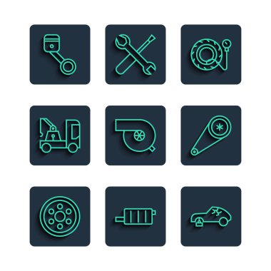 Hat alloy tekerleği, araba susturucusu, bozuk araba, lastik basıncı göstergesi, otomotiv turbo şarj aleti, çekici, motor pistonu ve zamanlama kemeri ikonu. Vektör