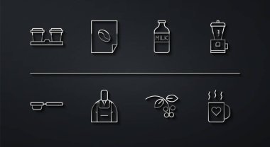 Çizgiye kahve fincanı, filtre tutacağı, elektrikli kahve öğütücü, fasulye, dal, Barista, poster, kalp ve süt ikonlu şişe. Vektör