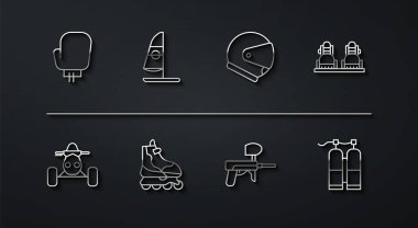 Boks eldiveni, ATV motosikleti, Snowboard, Paintball silahı, Paten, Windsurfing, Aqualung ve Helmet ikonu. Vektör