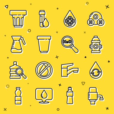 Hat mekanik pompasını su için ayarla, temiz su, itfaiye musluğu, çözülme, su filtresi kartuş, sürahi bardak, cam ve kimyasal formül H2O simgesi. Vektör