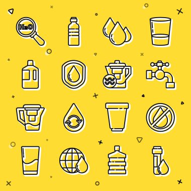 Hat test tüpünü su damlası, su yasak, musluk, su geçirmez, büyük şişe temiz, kimyasal formül H2O ve sürahi filtre ikonu ile ayarla. Vektör