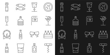 Şerit şarap tirbuşonu, şarap şişeleri ahşap kutu, kokteyl, bardak, alkollü içki şişesi, cam şampanya, bar ikonlu açılış ve sokak tabelası. Vektör