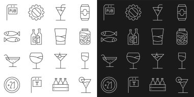 Martini bardağı, şarap, salatalık turşusu kavanozu, kokteyl, şarap şişeleri, kurutulmuş balık, barlı sokak tabelası ve votka ikonu. Vektör