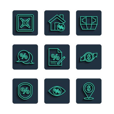 Hat kredisini, Göz 'ü, nakit yerini, kağıt para destesini, mali belgeyi, indirim etiketini, güvenli ve finansal büyümeyi ve dolar ikonunu belirleyin. Vektör