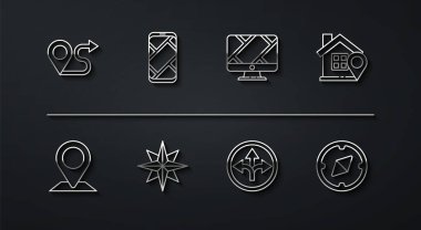 Hat güzergahı konumu, konumu, ev, trafik işareti, rüzgar gülü, şehir haritası navigasyonu, pusula ve işaretleyici simgesi. Vektör