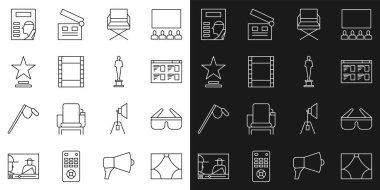 Set line Curtain, 3D cinema glasses, Online play video, Director movie chair, Play Video, Movie trophy, Cinema poster and icon. Vector