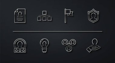 Satır Özetini Ayarla, Hesap Ekranı Oluştur, Kullanıcı Koruması, Proje ekibi tabanı, Ampullü Baş, Hiyerarşi organogram şeması, Arama İnsanları için El ve Yer belirleyici simgesi. Vektör