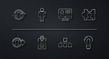 Hiyerarşi organizasyon şeması, kimlik kartı, ampul ve monitör ikonlu kullanıcı tanımlaması. Vektör
