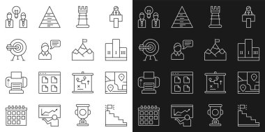 Bitiş bayrağıyla merdiven boşluğu, katlanmış harita konumu, kazanan podyum ödülü, iş stratejisi, konuşma balonu sohbeti, hedef ok, ampul ve dağ ikonu. Vektör