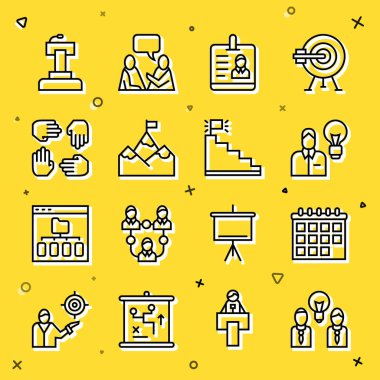 Ampul, takvim, insan, kimlik kartı, dağ bayrağı, proje ekibi üssü, sahne standı ya da tribün ve merdiven bitiş ikonu olan insanları sıraya dizin. Vektör