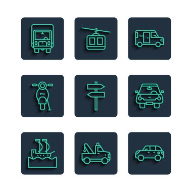 Yelkenli, Çekici, Hatchback arabası, Minibus, Trafik levhası, Scooter, Teslimat Kargo ve Araba ikonu. Vektör