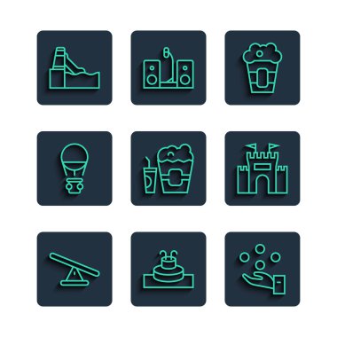 Seesaw, Fountain, hokkabazlık topu, patlamış mısır kutusu ve cam, sıcak hava balonu, su kaydırağı ve kale ikonu. Vektör