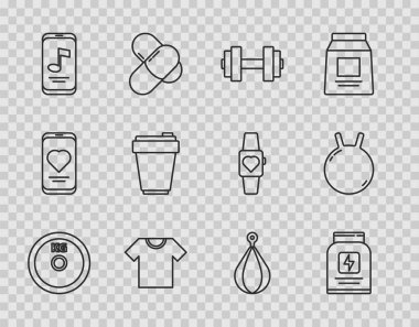 Ağırlık tabağı, spor beslenmesi, Dumbbell tişörtü, müzik çalar, fitness karıştırıcı, kum torbası ve Kettlebell ikonu. Vektör