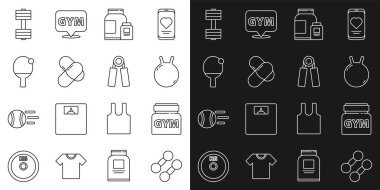 Sabit hat Dumbbell, Spor Beslenme, Kettlebell, Raket ve Top, ve genişletici ikon. Vektör