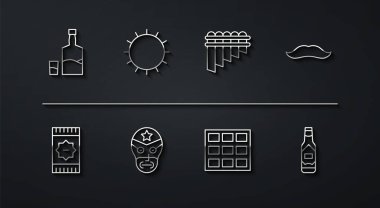 Tekila şişesi ve cam, Meksika halısı, bıyık, çikolata, güreşçi, Sun, Tabasco sosu ve Pan flüt ikonu. Vektör