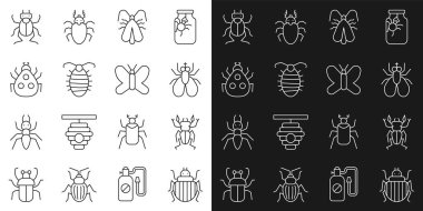 Kolorado böceği, böcek geyiği, böcek sineği, güve, larva böceği, uğur böceği ve kelebek ikonu. Vektör