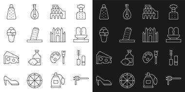 Makarna, Mascara fırçası, Fountain, Coliseum Rome, Tower Pisa, Dondurma, Grater ve Milan Katedral ikonu. Vektör