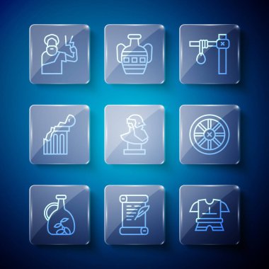 Bir şişe zeytinyağı, kararname, parşömen, parşömen, parşömen, çelik yelek, darağacı, Antik büst heykeli, kırık antik sütun, Zeus ve Eski tahta tekerlek ikonu. Vektör