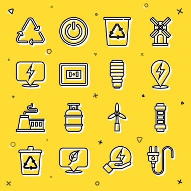 Elektrik prizi, pil, şimşek cıvatası, geri dönüşümlü geri dönüşüm kutusu, elektrik prizi, sembol ve LED ampul simgesini ayarla. Vektör