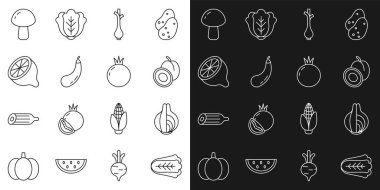 Lahana, soğan, erik meyvesi, taze taze soğan, patlıcan, limon, mantar ve domates ikonu. Vektör