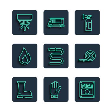 İtfaiye botları, itfaiyeci eldivenleri, alarm sistemi, yangın söndürücü, hortum makarası, alev, duman ve ikon. Vektör