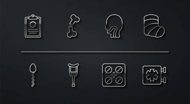 Klinik rekorları; Sperm, Alçıtaşı, Haplar, Koltuk değnekleri, Kırık İnsan Kemiği, Acil Durum ve Boğaz İkonu 'nun tıbbi sembolü. Vektör