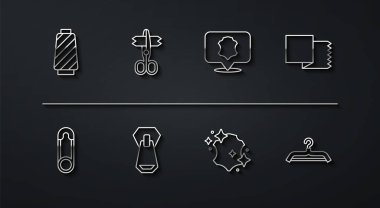 Makara ipliği, emniyet iğnesi, kumaş rulo, deri, fermuar, makas, elbise dolabı ve ikon. Vektör