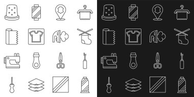 Dikiş ipliğini makaraya, Awl aletine, örgü iğnelerine, deriye, desenlere, tekstil kumaş rulosuna, dikiş dikmek için yüksüğe ve elektrikli demir ikona ayarla. Vektör