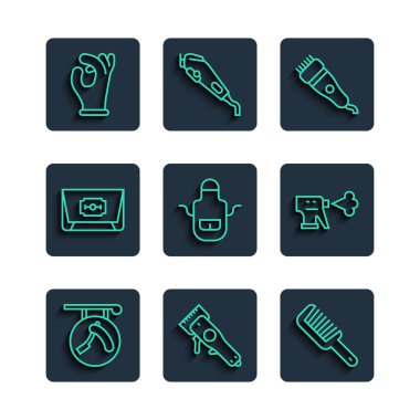 Traş makinesi, elektrikli saç kesme makinesi, saç fırçası, önlük, bıçak, lastik eldiven ve saç spreyi şişesi ikonu olan berber dükkanı ayarla. Vektör