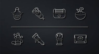 Barber önlüğü, şampuan şişesi, lavabo fırçası, tıraş fırçası, elektrikli saç makası, jilet, bıçak ve ikon. Vektör