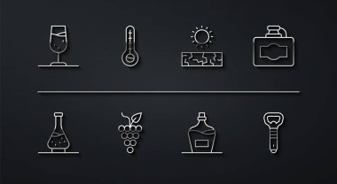 Çizgi şarap kadehi, şarap için Decanter, eski şişe karton kutu, üzümler, meteoroloji termometresi, şişe açacağı ve kuraklık ikonu. Vektör