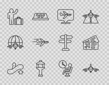 Yürüyen merdiven, uçak, havaalanı kontrol kulesi, bavullu turist, havaalanı terminalinde bekleyen insan ve uçak bileti ikonu. Vektör