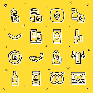Bar, bira musluğu, hop, konserve, sosis, bir bardak bira ve ikon tabelaları. Vektör