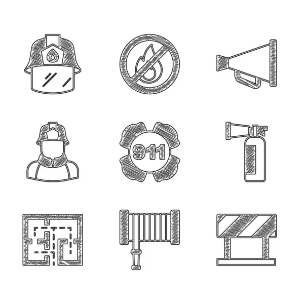 911 'i, yangın hortumunu, bariyeri, yangın söndürücüyü, tahliye planını, itfaiyeciyi, megafonu ve kask ikonunu arayın. Vektör