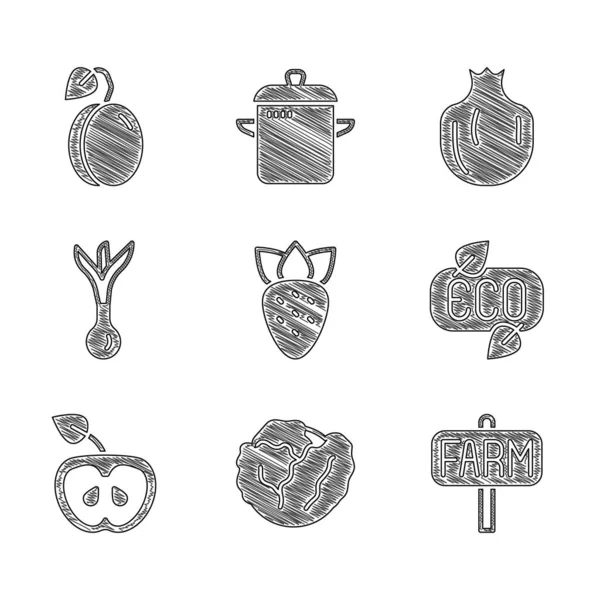 Set Strawberry, Cabbage, Location farm, Leaf Eco symbol, Apple, Onion, Pomegranate and Plum fruit icon. Vector — Stock Vector