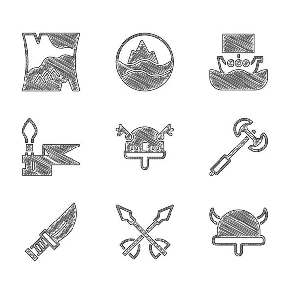 Set Viking in horned helmet, Medieval arrows, poleaxe, Dagger, spear, ship Drakkar and Folded map icon. Vector — Stockvektor