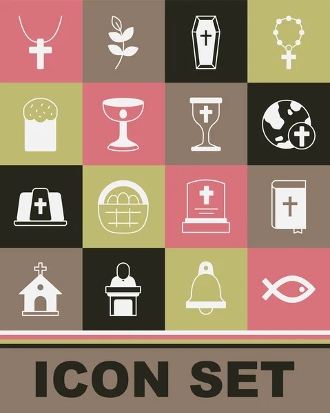Set Christian fish symbol, Holy bible book, cross with globe, Coffin, chalice, Easter cake, on chain and icon. Vector — Image vectorielle