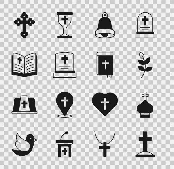 Haçlı mezar, Hristiyan kilise kulesi, söğüt yaprağı, kilise çanı, mezar taşı, kutsal İncil kitabı ve ikon. Vektör