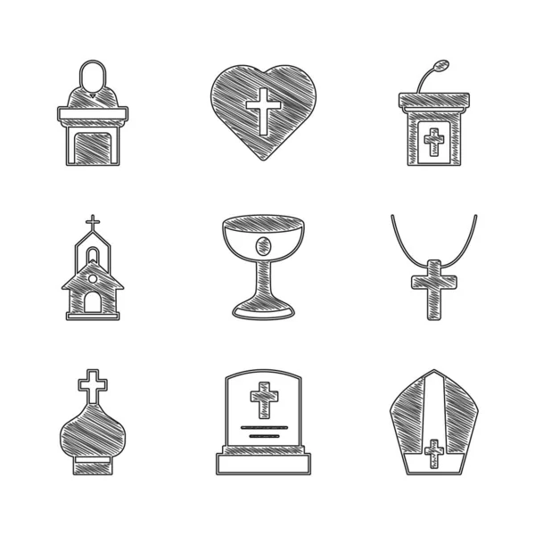 Set Christian chalice, Grave with tombstone, Pope hat, cross chain, church tower, Church building, sermon tribune and pastor preaching icon. Vector — Image vectorielle