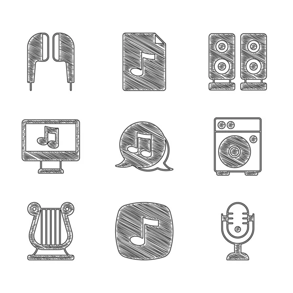 Set Music note, tone, Microphone, Guitar amplifier, Ancient Greek lyre, Computer with music, Stereo speaker and Air headphones icon. Vector — Image vectorielle