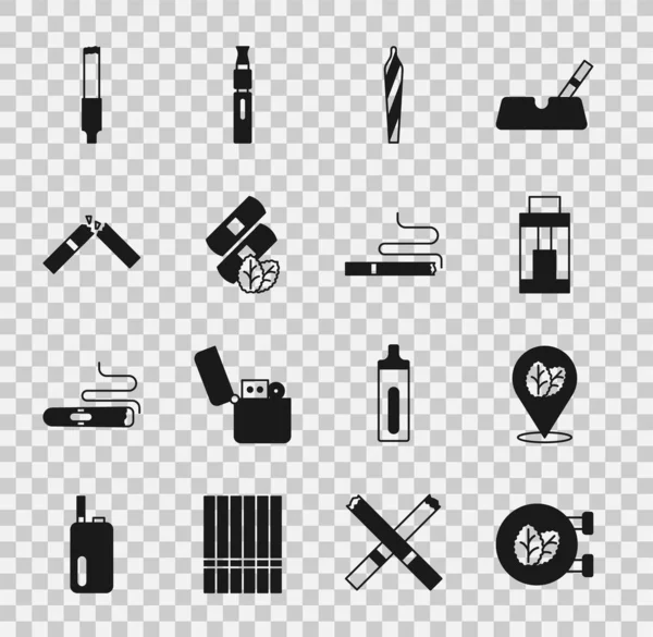 Set Tienda de hojas de tabaco, dispositivo Vape mod, porro de marihuana, porro, parches de nicotina médica, cigarrillo roto, cigarrillo e icono. Vector — Archivo Imágenes Vectoriales