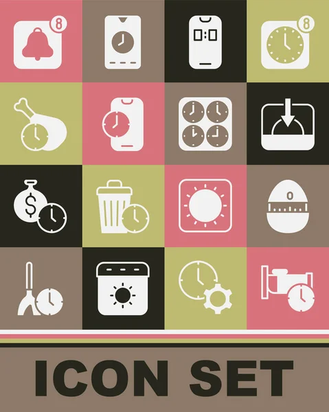 Set Time to sleep, Kitchen timer, Sunset, Alarm clock app mobile, Food, and zone clocks icon. Vector — Image vectorielle