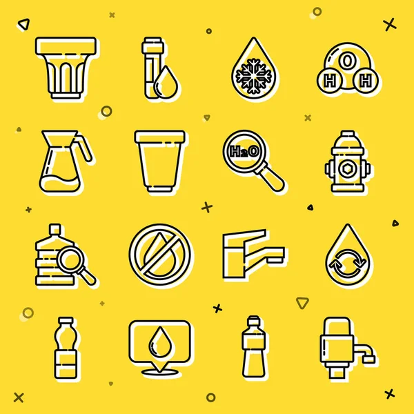 Hat mekanik pompasını su için ayarla, temiz su, itfaiye musluğu, çözülme, su filtresi kartuş, sürahi bardak, cam ve kimyasal formül H2O simgesi. Vektör