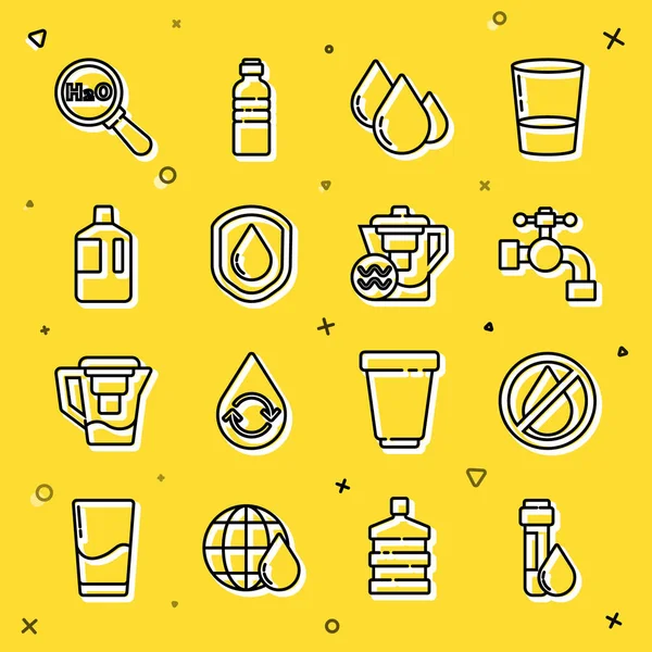 Hat test tüpünü su damlası, su yasak, musluk, su geçirmez, büyük şişe temiz, kimyasal formül H2O ve sürahi filtre ikonu ile ayarla. Vektör