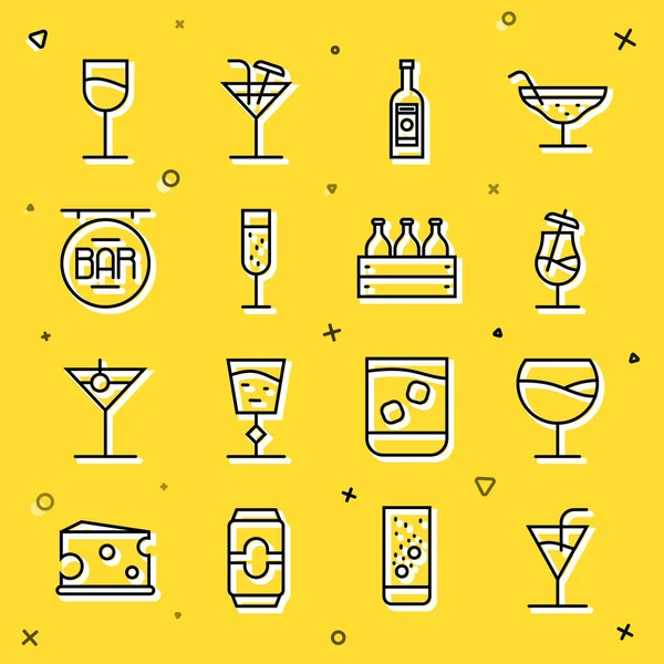 Set Linie Cocktail, Weinglas, Glasflasche Wodka, Champagner, Straßenschild mit Bar und Flaschen Wein hölzerne Box Symbol. Vektor — Stockvektor
