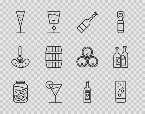 Kavanozda salatalık turşusu, tablet suyu, bir şişe şarap, martini bardağı, cam şampanya, tahta fıçı, votka ve şişe ikonu. Vektör